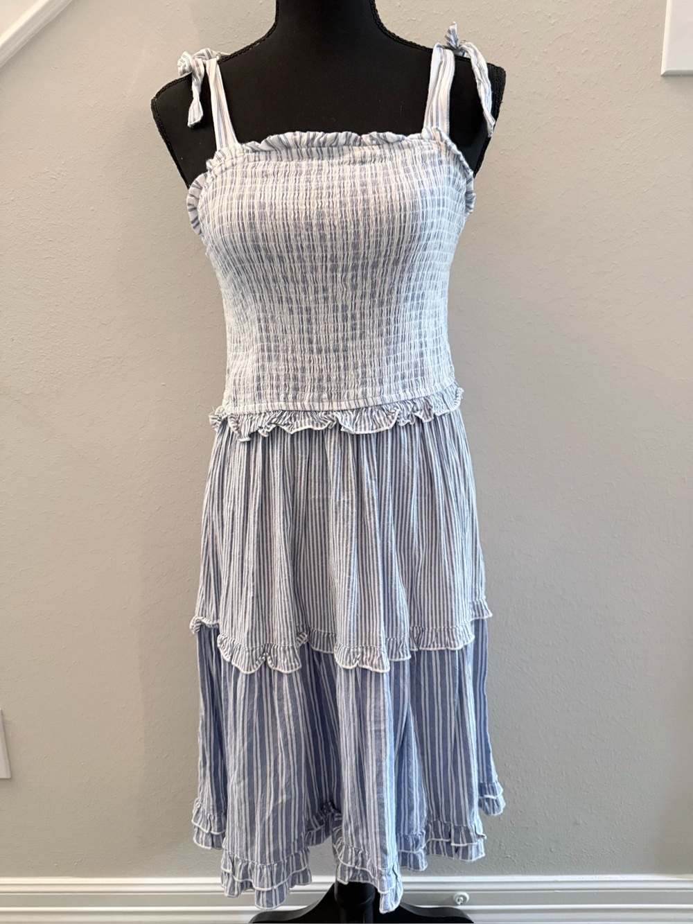 Sincerely Jules Light Blue & White Striped Tiered Midi Sundress